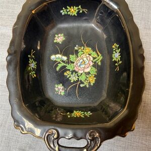 Vintage Japanese Moriage Black Floral Serving Dish